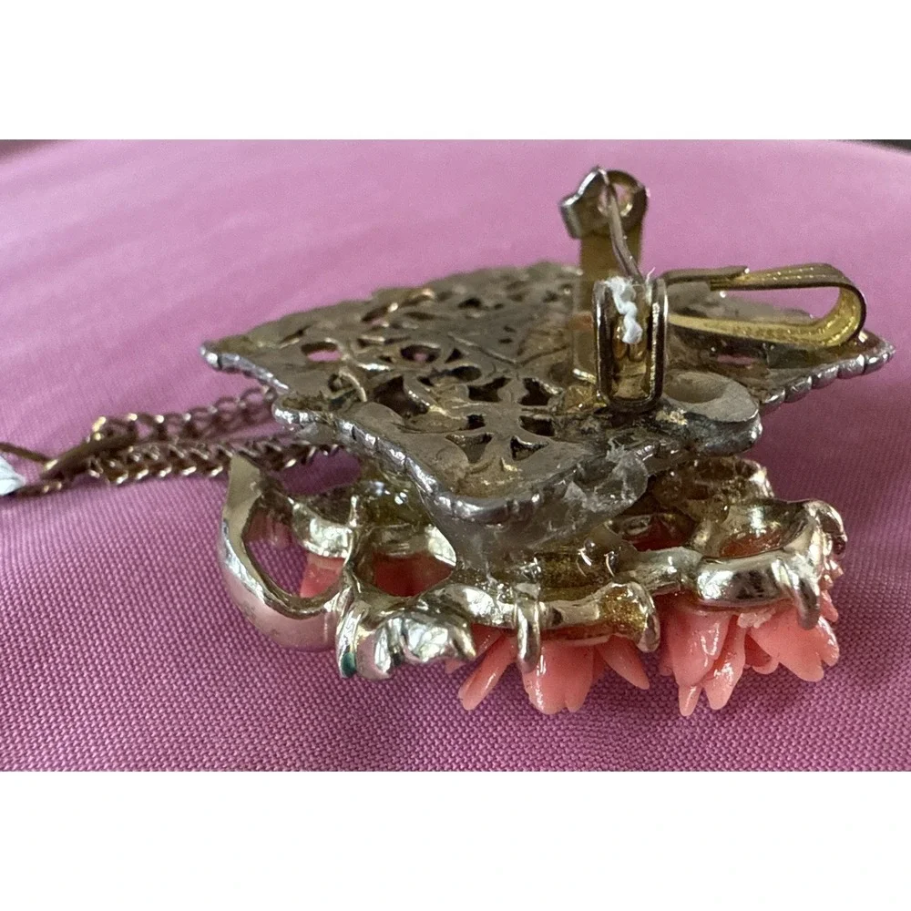 Vintage Art Nouveau Carved Coral or Celluloid Rose Pendant‎ & Brooch
